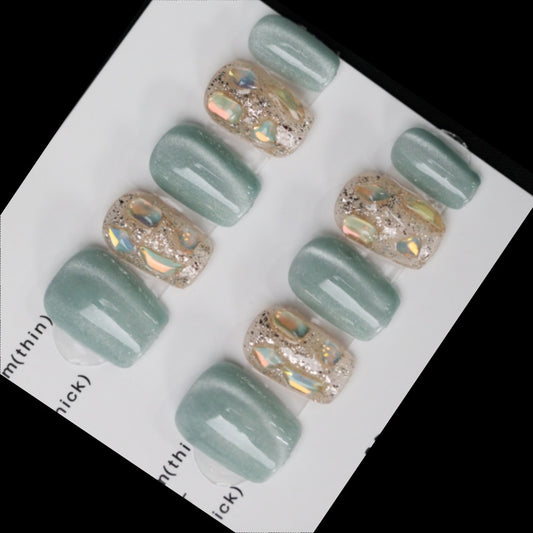 2024 arrival-Handmade press on nails-Green cat eye with gold and diamond inlay