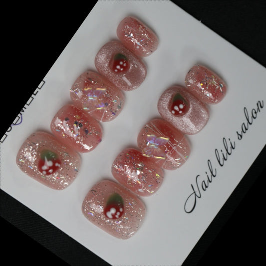 2024 arrival-Handmade pres on nails-Pink short style, strawberry decoration, butterfly decoration