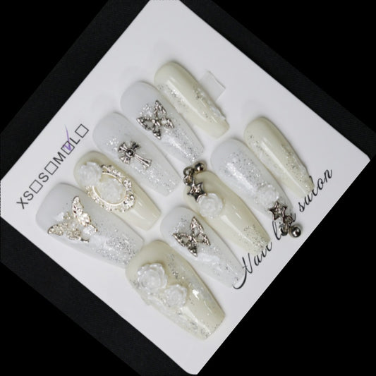 2024 arrival-Handmade pres on nails-White long style with butterfly decoration, heavy design, holy and elegant