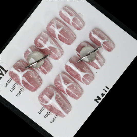 2024 arrival-Handmade pres on nails-Pink cat eye, medium ladder shape, cosmic design concept, full of mystery and charm