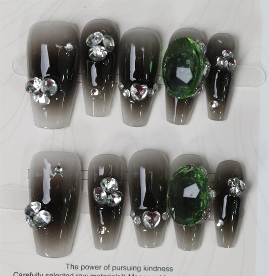 2024 arrival-Handmade pres on nails-with green diamonds & beats