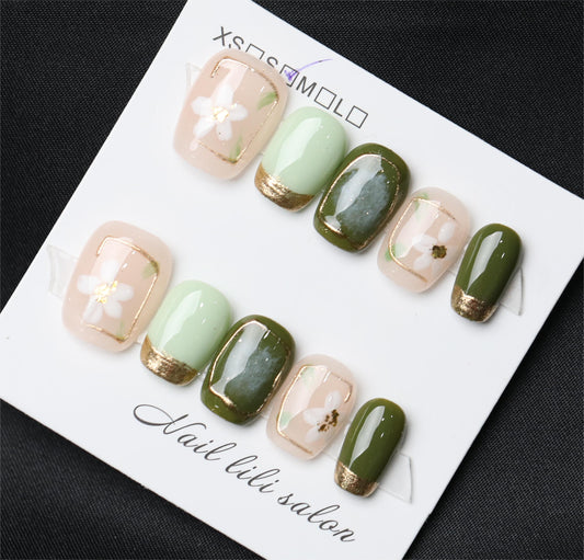 2024 arrival-Handmade press on nails-Green and pink combination
