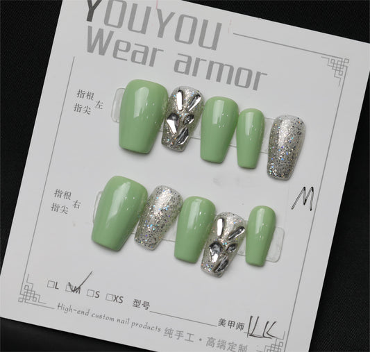 2024 arrival-Handmade press on nails-Green & Silver combination