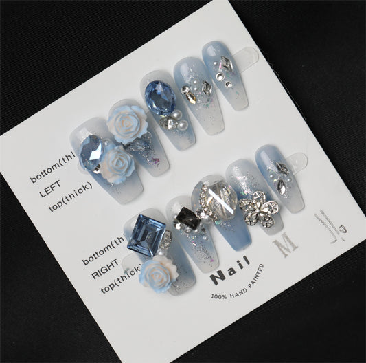 2024 arrival-Handmade press on nails-blue diamond has a long trapezoidal base