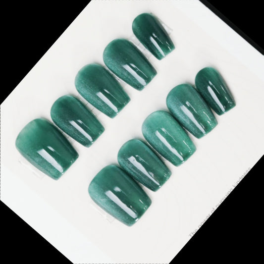 2024 arrival-Handmade press on nails-Blue & Green cat eye short style, high-end and elegant shape