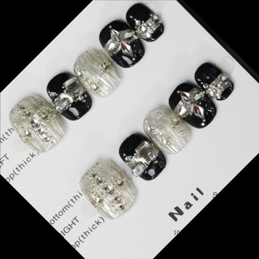 2024 arrival-Handmade press on nails-Black & white and blackshort shape Model with diamonds, more feminine charm